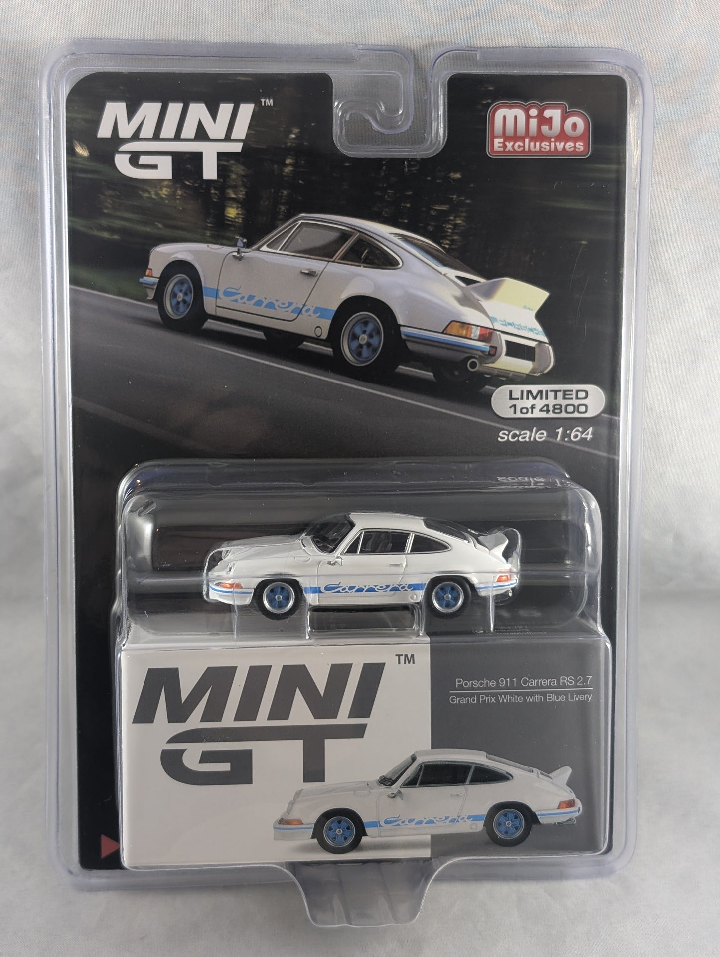 Mini GT Porsche 911 Carrera RS 2.7 Grand Prix white with blue livery Mijo Exclusive