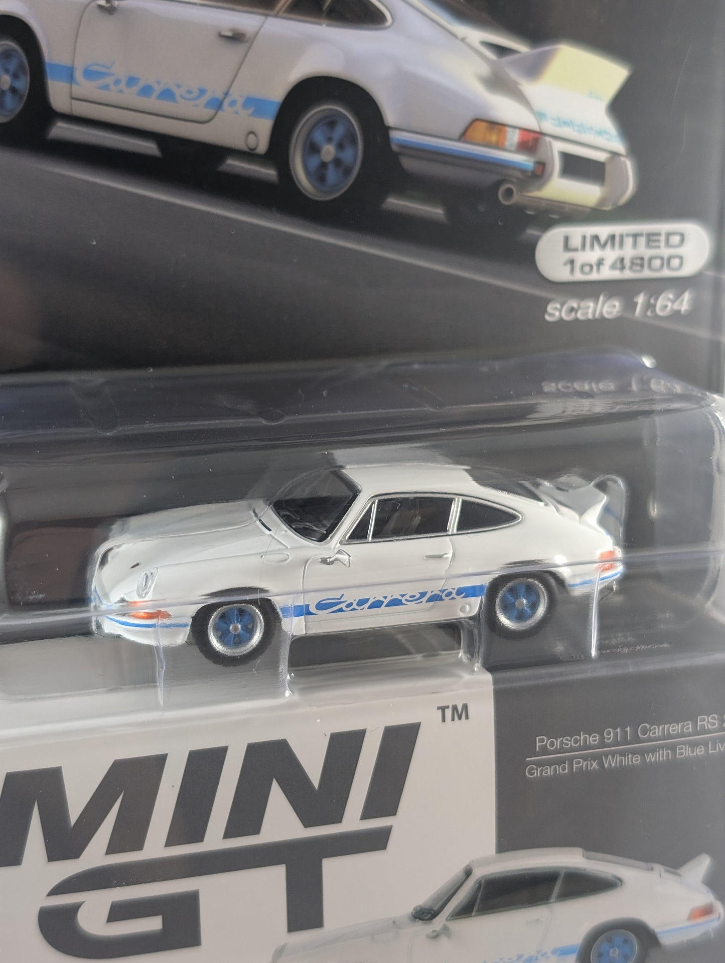 Mini GT Porsche 911 Carrera RS 2.7 Grand Prix white with blue livery Mijo Exclusive