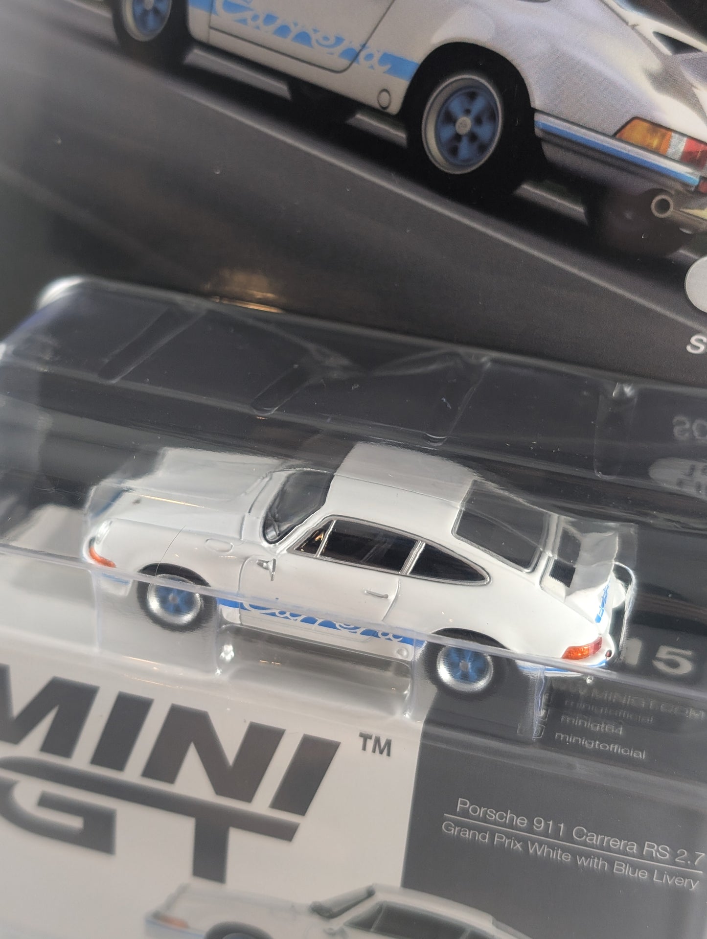Mini GT Porsche 911 Carrera RS 2.7 Grand Prix white with blue livery Mijo Exclusive