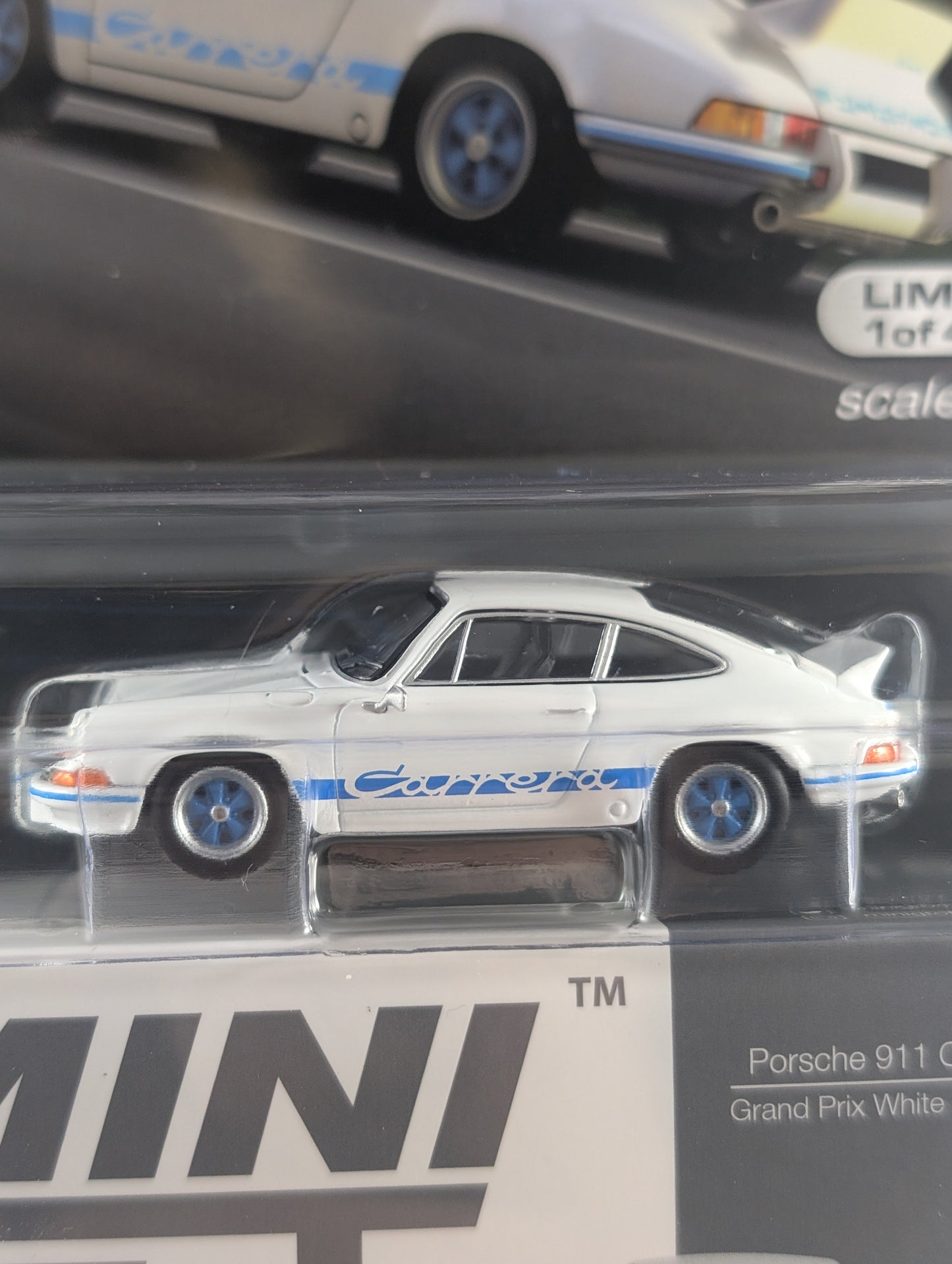 Mini GT Porsche 911 Carrera RS 2.7 Grand Prix white with blue livery Mijo Exclusive