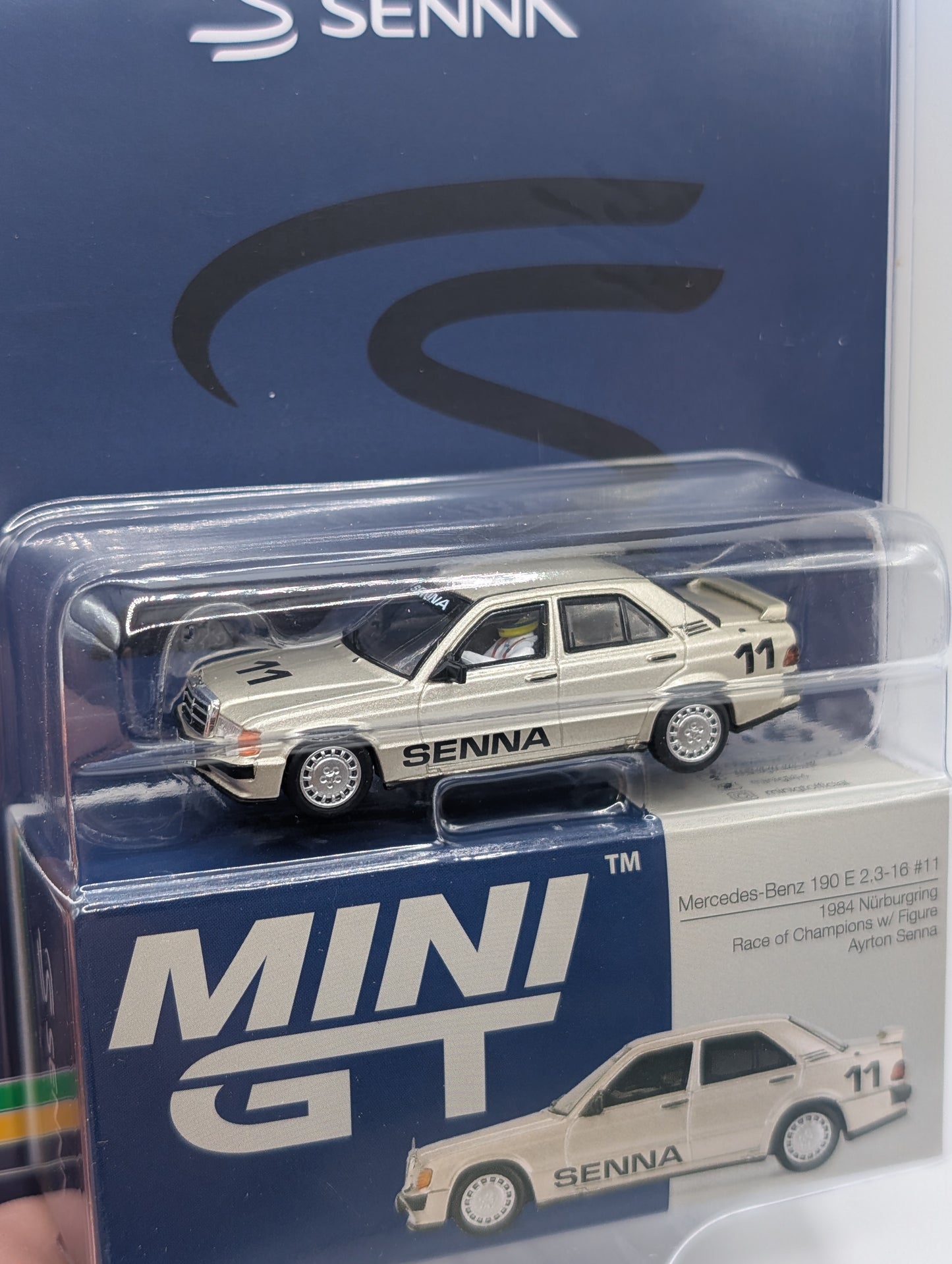 Mini GT 190E 2.3-16 #11 1984 Nurburgring Race of Champions with Figure Ayrton Senna