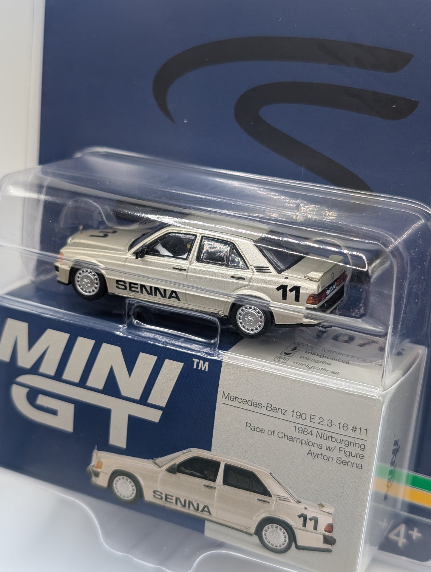 Mini GT 190E 2.3-16 #11 1984 Nurburgring Race of Champions with Figure Ayrton Senna